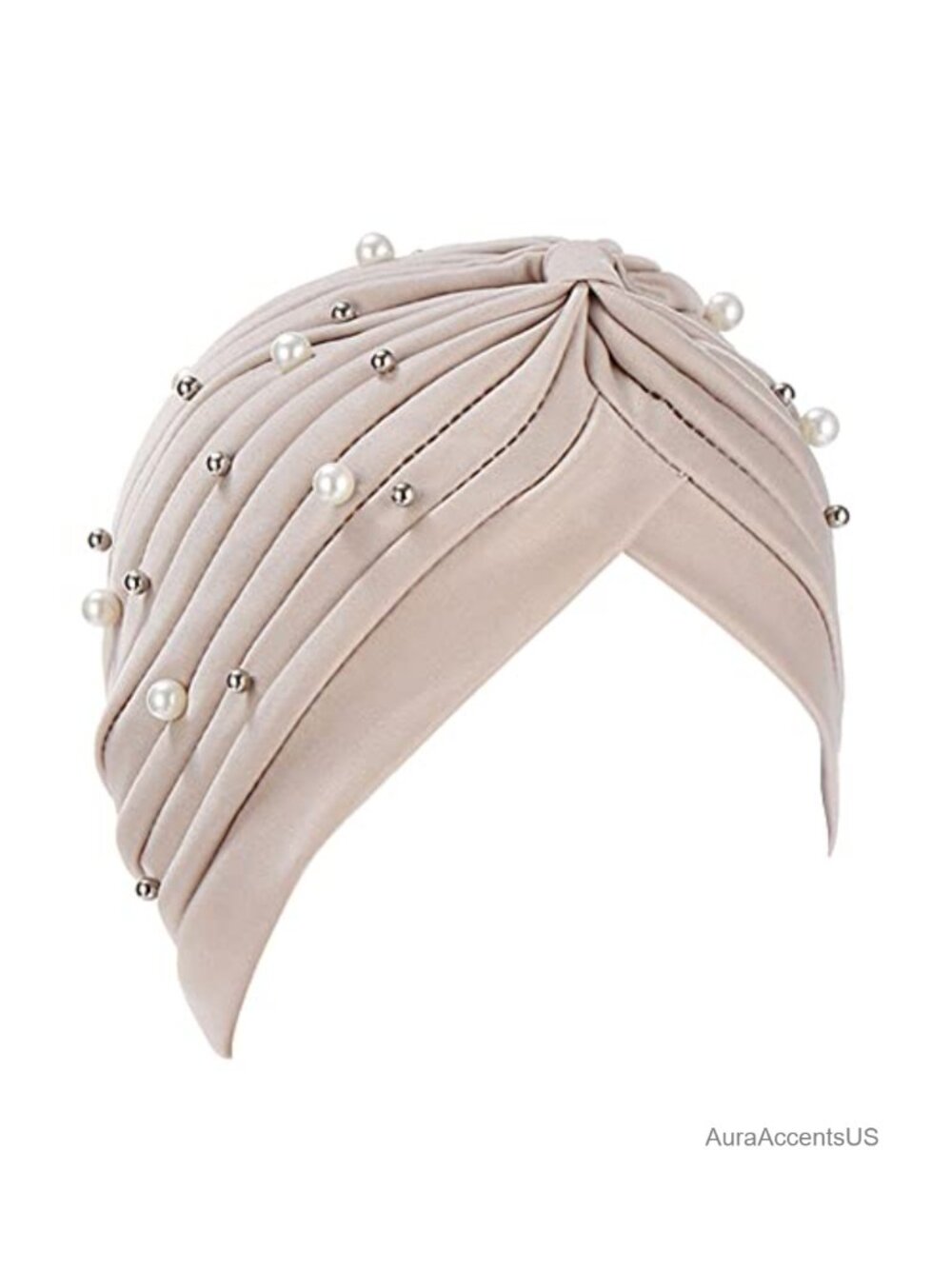 Women's Pre-Tied Beaded Knot Turban Chemo Beanie Silky Polyester